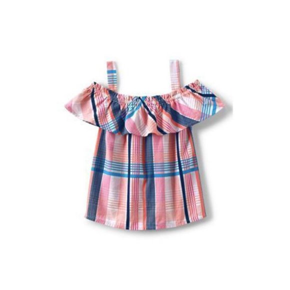 NWT LANDS' END GIRL'S COLD SHOULDER TOP SALT WASHED PINK PLAID LARGE 10-12 - Picture 2 of 7